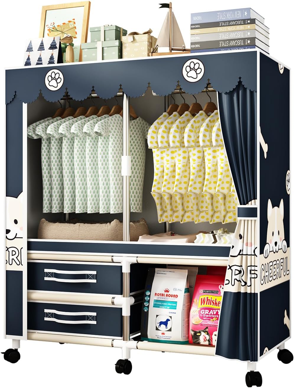 Large Portable Armoire Wardrobe Closet with 4 Hanging Rods and Lockers,Metal ...