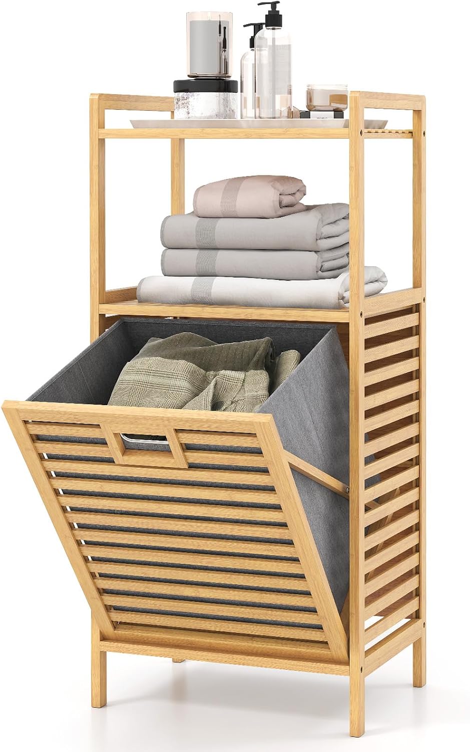 GOFLAME Tilt-out Laundry Hamper with 2-Tier Shelves, Bamboo Laundry Baskets O...