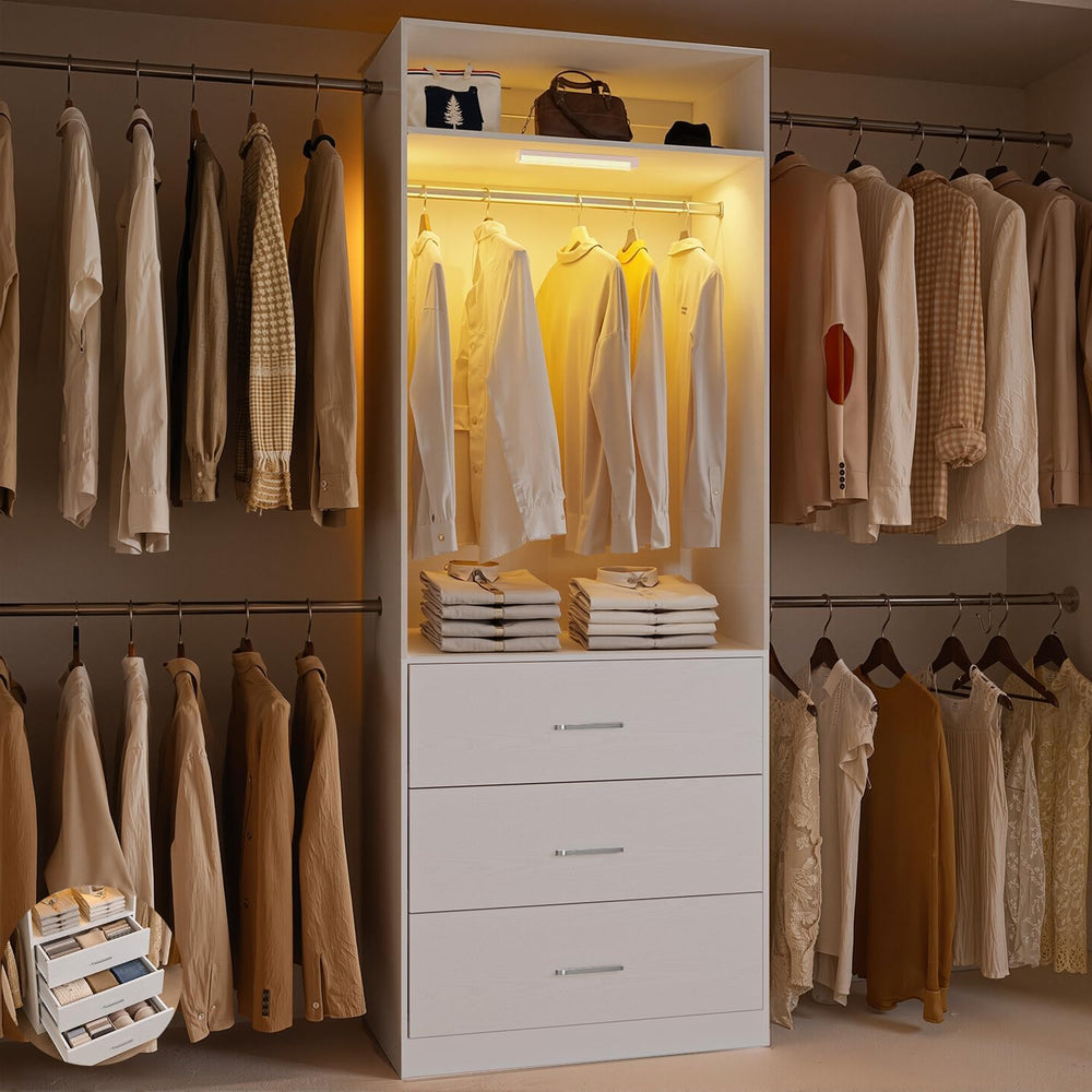 Wooden Closet System With LED Light 11FT Closet Organizer with 3 Wooden Drawe...