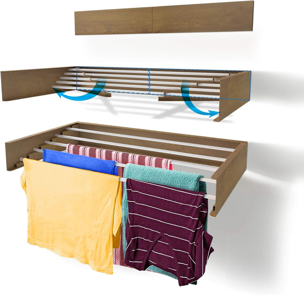 Step Up Laundry Drying Rack (28-INCH Wide - Wood-Look), Wall Mounted, Retract...