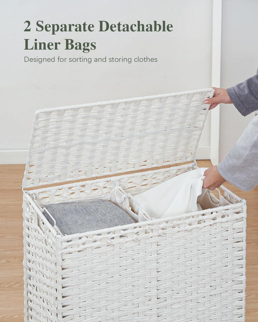 SETVSON Laundry Hamper with Lid, 112 L Handwoven Rattan, Cloud White