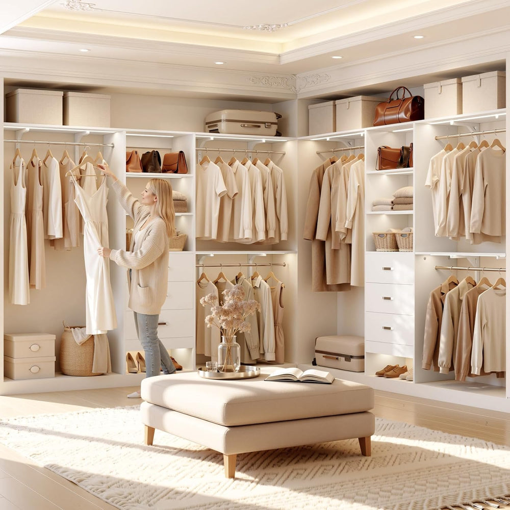 iSunirm 96" Wall Mounted Closet System with LED, Walk-In Style Wood Clos...