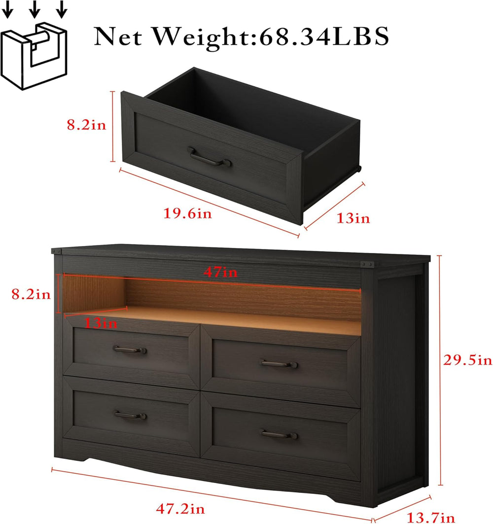 Wodeer Black Dresser for Bedroom, Wood 4 Drawer Dresser with LED Light, Dress...