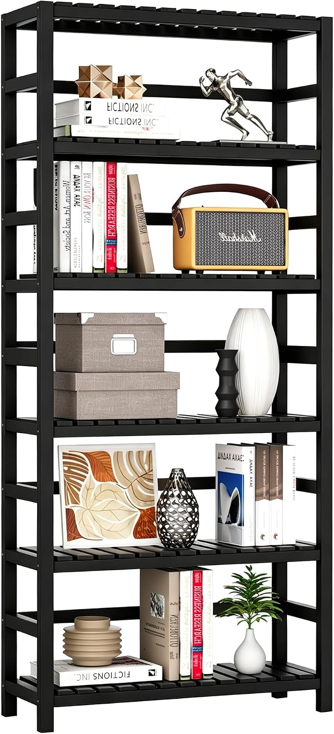 VASMIA 6-Tier Bamboo Shelf,Bamboo Storage Shelving Unit,Tall Bookcase with Ad...