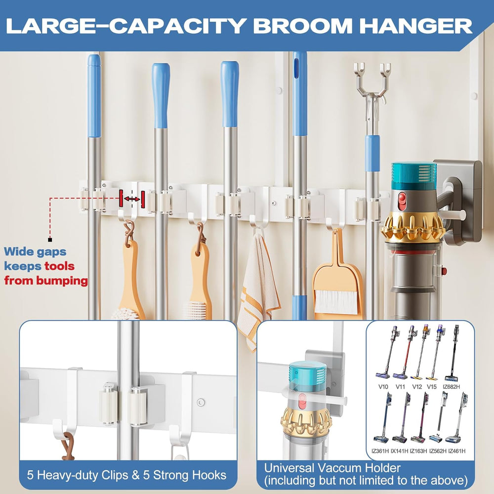 Broom Holder Wall Mount with Cleaning Supplies Organizer, Laundry Room Organi...