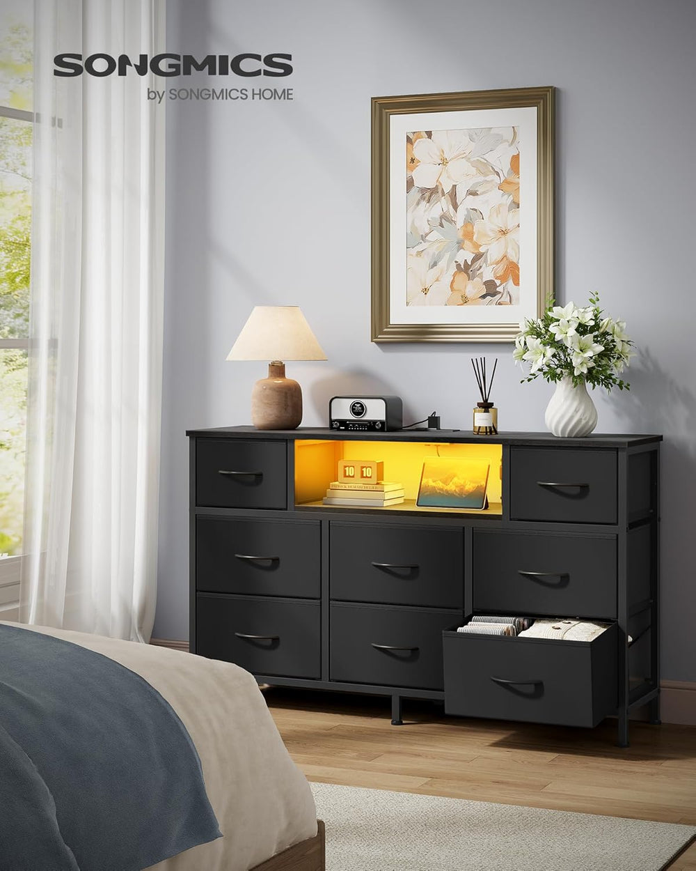 SONGMICS Dresser for Bedroom with Outlets & LED Lights, 8 Fabric Drawers