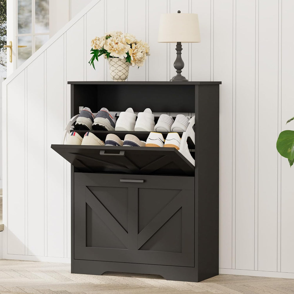 Homleke Farmhouse Shoe Cabinet for Entryway, 2 Barn-Style Flip Drawers