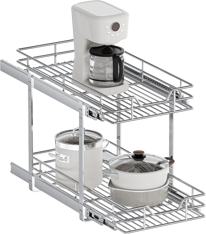 2-Tier Pull Out Cabinet Organizer, 13.5" W x 21.5" D, Heavy Duty Dual Slide Out Shelves for Base Cabinets, Chrome Wire Basket Drawer for Pantry, Kitchen & Bathroom Storage