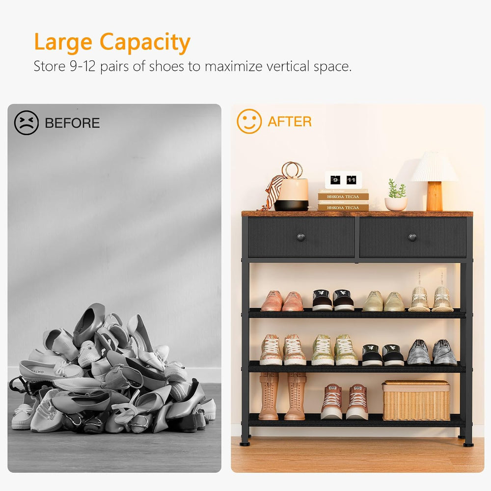 usikey Shoe Rack, 4 Tier Shoe Storage Organizer with 2 Drawers, Metal Shoe Sh...