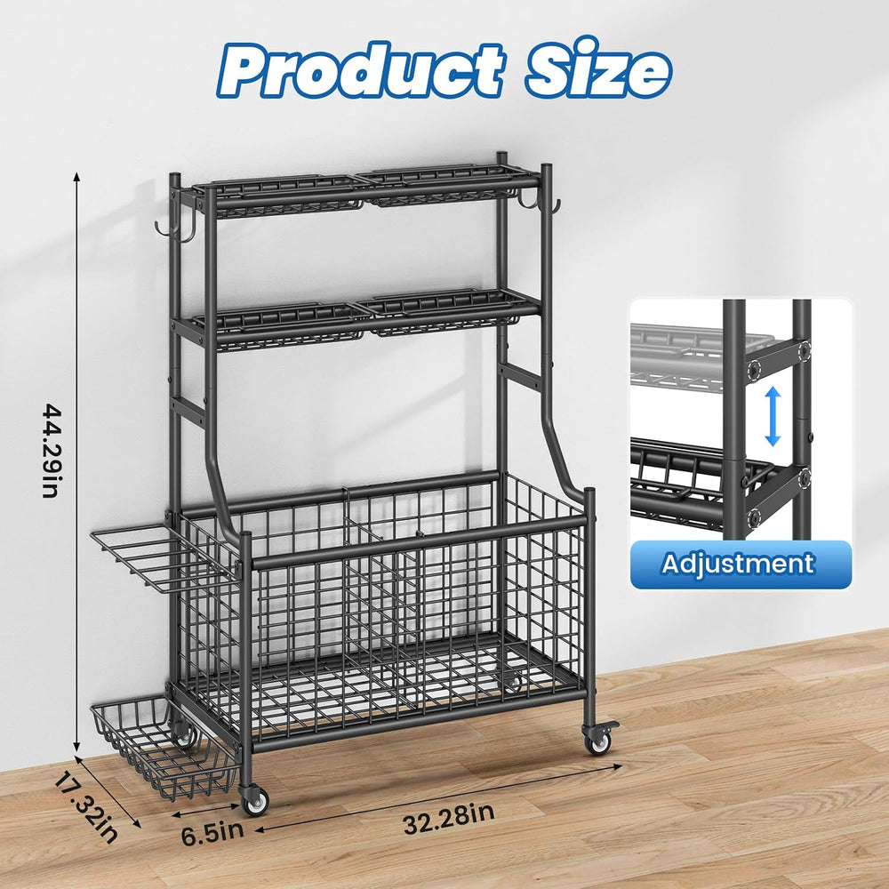 Garage Sports Equipment Organizer with Wheels, All-in-One Ball Storage