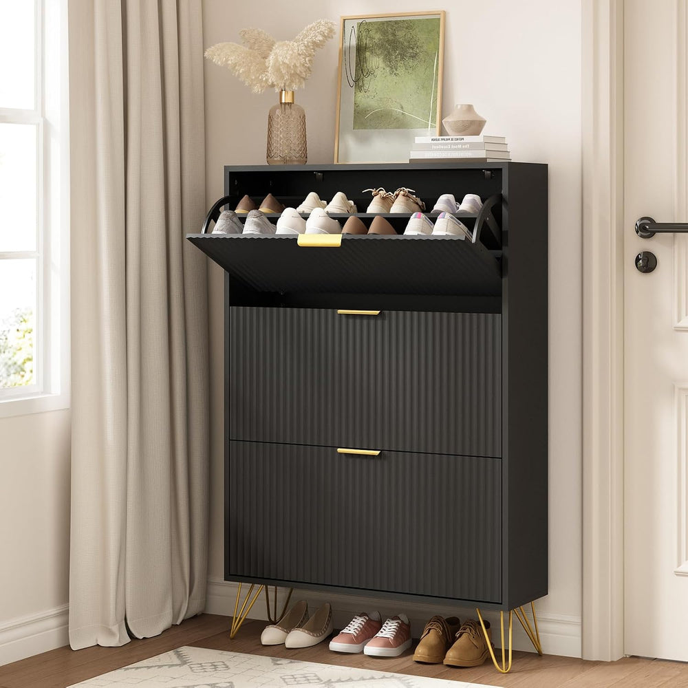 Fluted Shoe Cabinet with 3 Flip Drawers, Gold Handle and Metal Legs, Black丨Fl...
