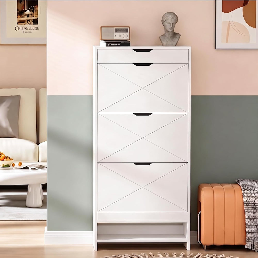 Slim White Shoe Cabinet with 3 Flip Drawers & X-Design for Entryway