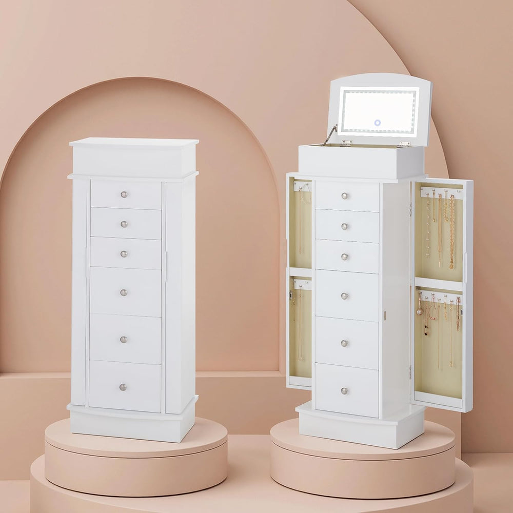 IRONCK Jewelry Cabinet with LED Mirror and 6 Drawers, White
