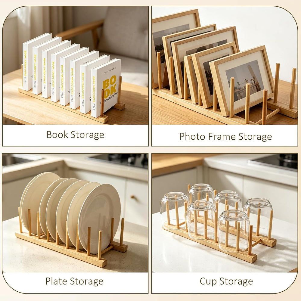 4 Pcs Cabinet Organizer Shelf and Bamboo Dish Drying Plate Rack, Kitchen Orga...