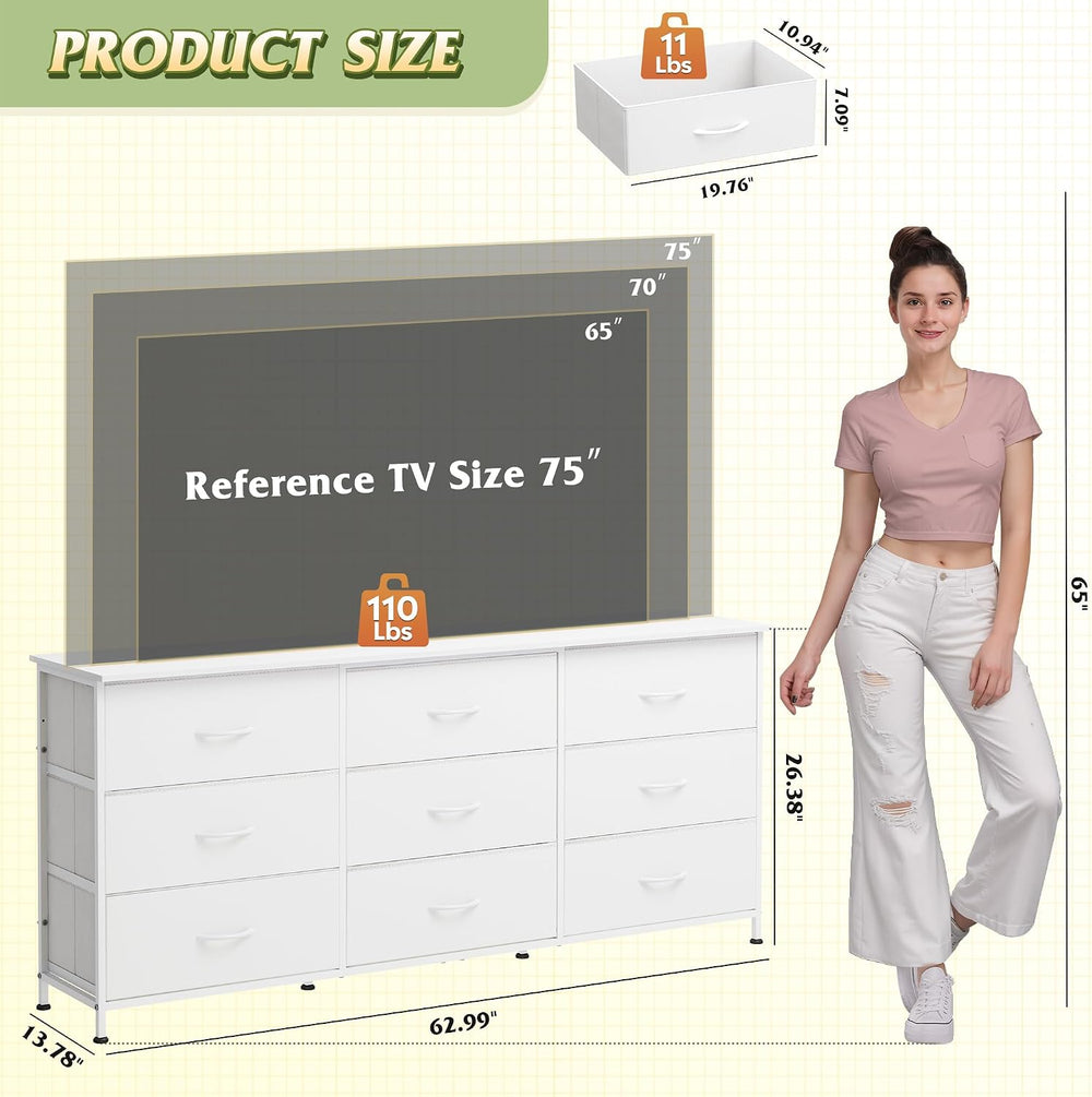 WLIVE Dresser TV Stand for 75 Inch TV, 9 Drawer Dresser for Bedroom, White