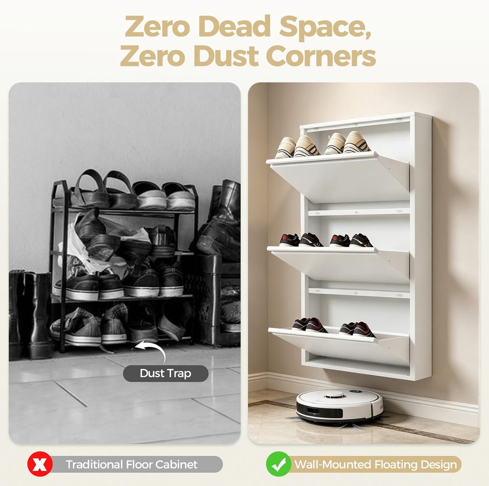3-Tier Slim Shoe Cabinet, Freestanding & Wall Mounted Metal Shoe Storage ...