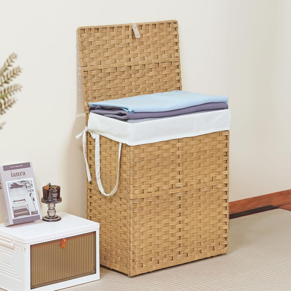 DUMOS Laundry Basket with Lid, 90L Wicker Laundry Hampers, Goose Yellow