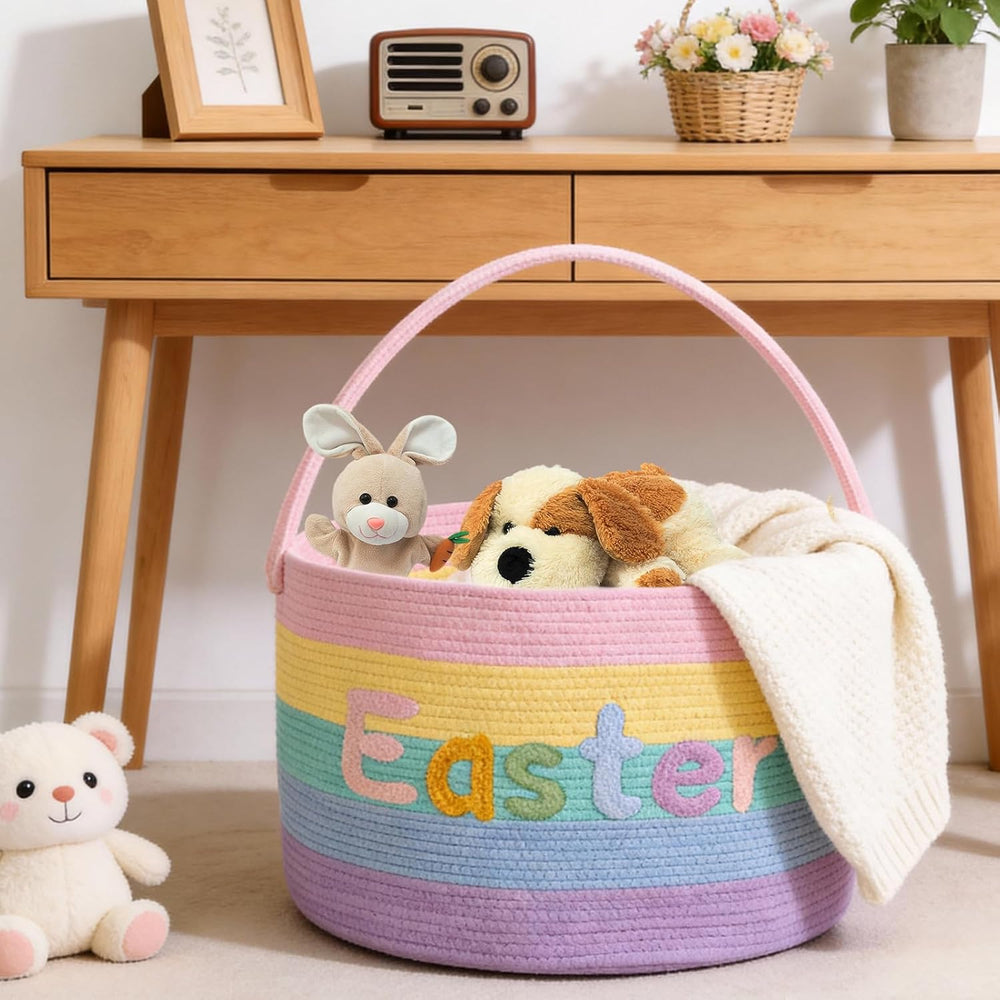 Rainbow Easter Basket, Extra Large Easter Egg Hunting Basket, Woven Cotton Ro...