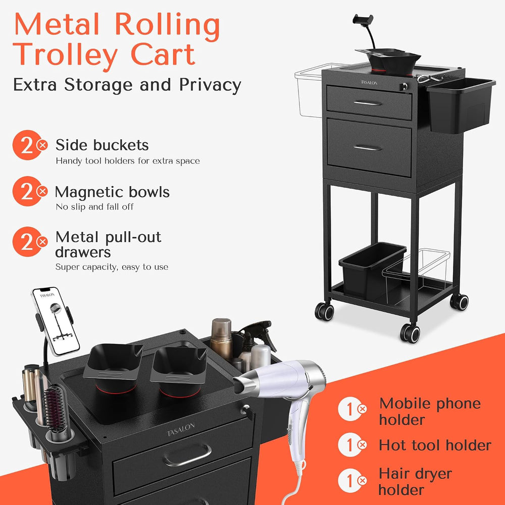 TASALON Wheeled Lockable Metal Salon Cart with Drawers & 2 Magnetic Bowls