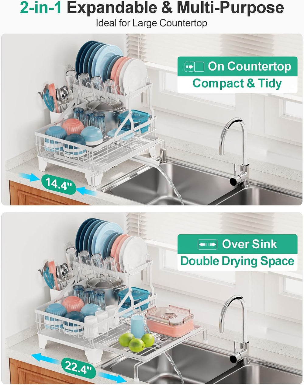 iSPECLE 2 Tier Dish Drying Rack - Expandable Over Sink & Counter Use, White