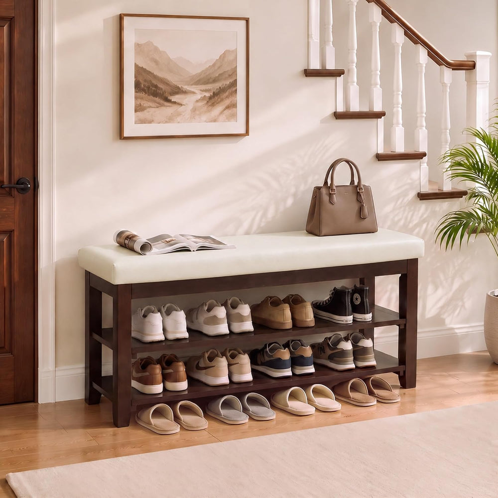 40" Solid Wood Shoe Storage Bench, 2 Tier Shoe Rack for Entryway, Beige