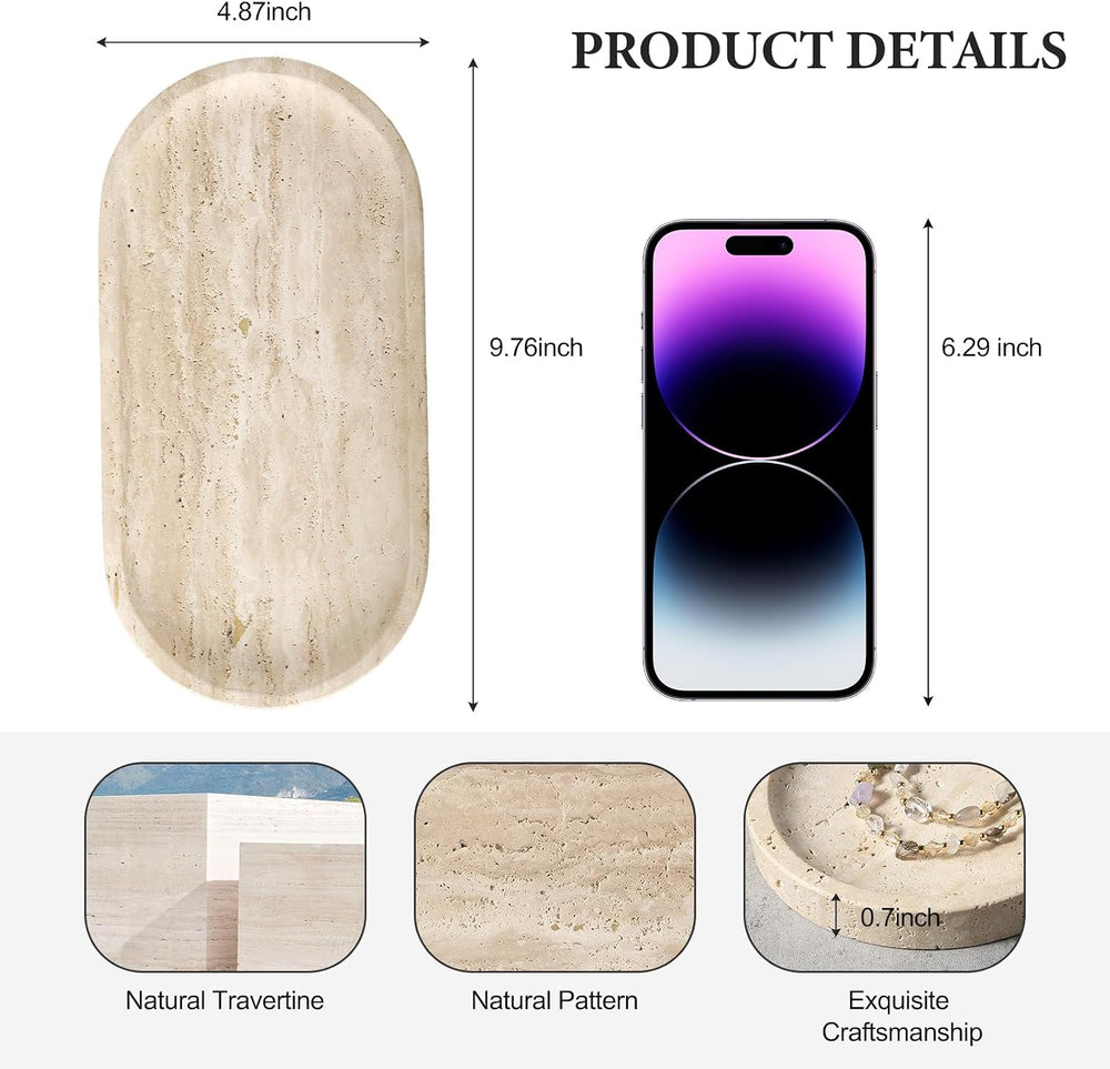 Natural Marble Tray for Bathroom Counter, 10" x 5" Travertine Marbl...