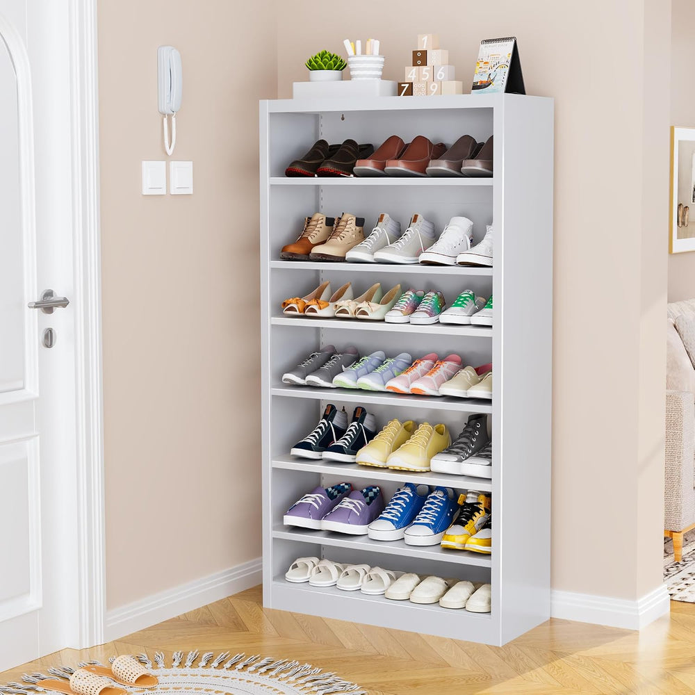 55" Metal Shoe Cabinet with Back Panel, 6 Adjustable Shelves (White)