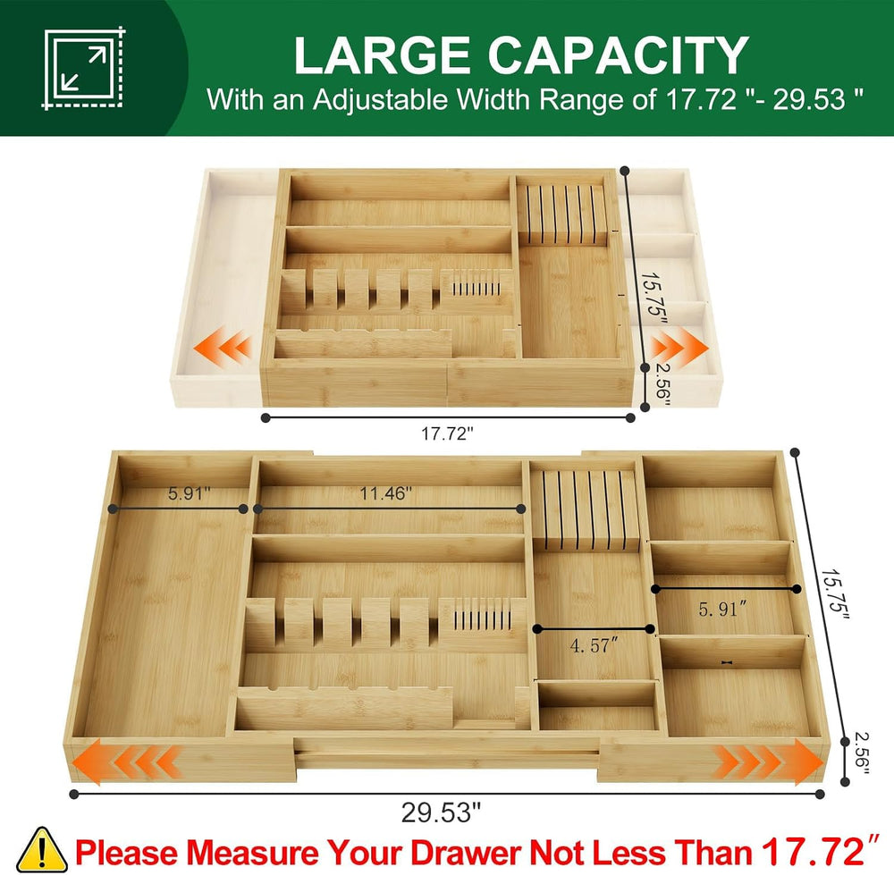 Bamboo Silverware Drawer Organizer, 17.72-29.53 Inch Expandable Large Kitchen...