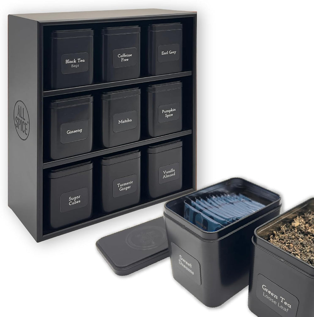 AllSpice Tea Organizer Rack with 9 Tins & 160 Magnetic Labels – Perfect f...