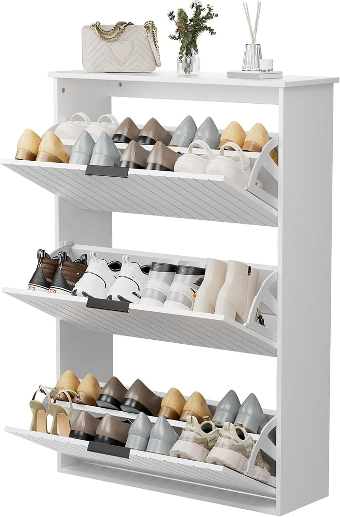 White Large Shoe Cabinet with 3 Flip Drawers, Hidden Shoe Storage