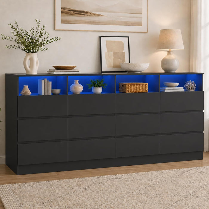 63" 6-Drawer Dresser with Divided Compartments, Power Outlet & LED Lights