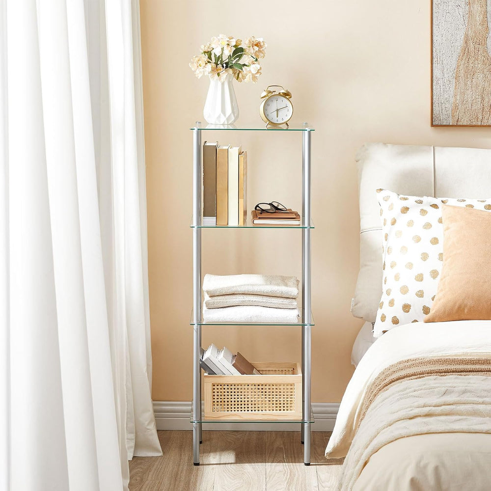 HOOBRO Glass Shelf, 4 Tier Bathroom Standing Shelf Unit, Tempered Glass Shelv...