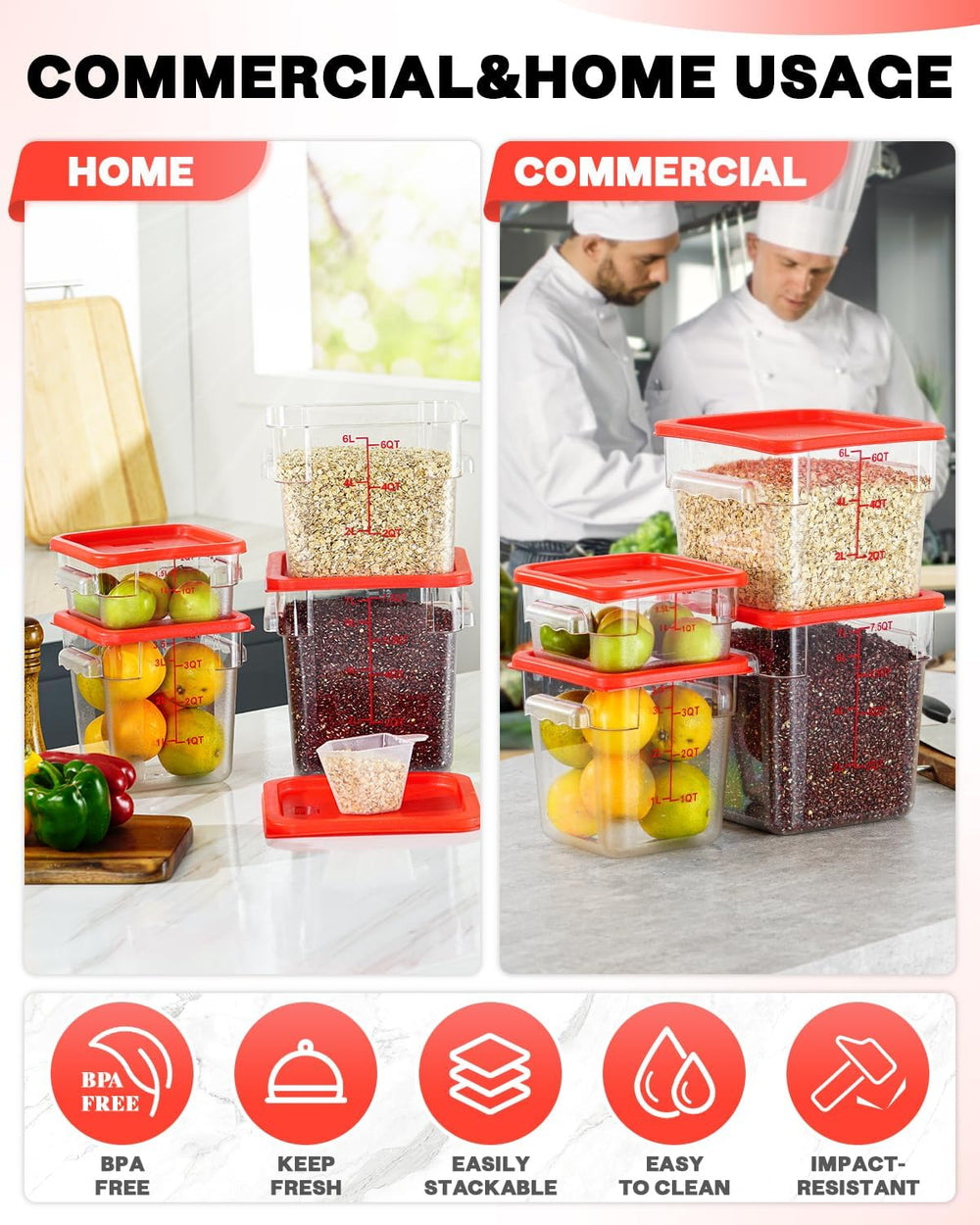 4QT 4PCS NSF Commercial Clear Food Storage Containers with Lids(RED)