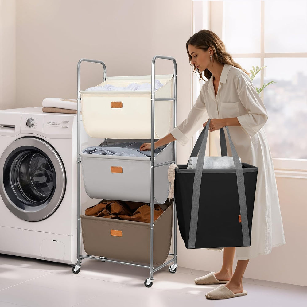 STORAGE MANIAC 120 Liters Vertical Rolling Laundry Hamper, 3 Section Laundry ...