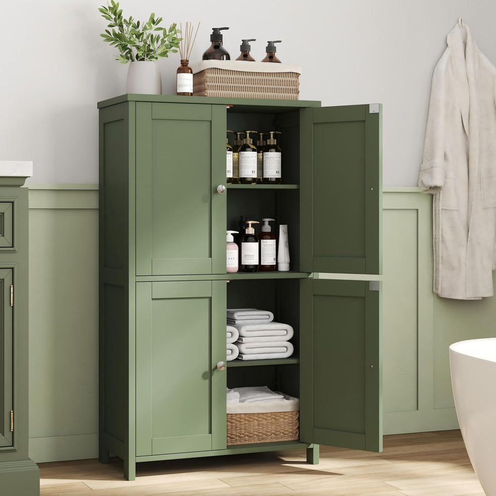 Nuturelly Bathroom Floor Storage Cabinet, 4 Doors, Anti-Tip, Pale Green