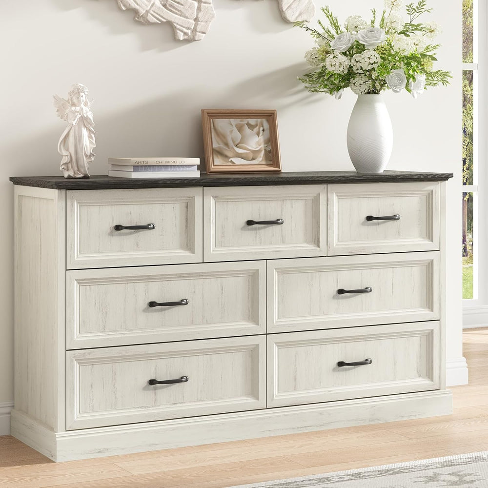 Farmhouse 7 Drawer Dresser for Bedroom, 55" White Dresser with TV Stand
