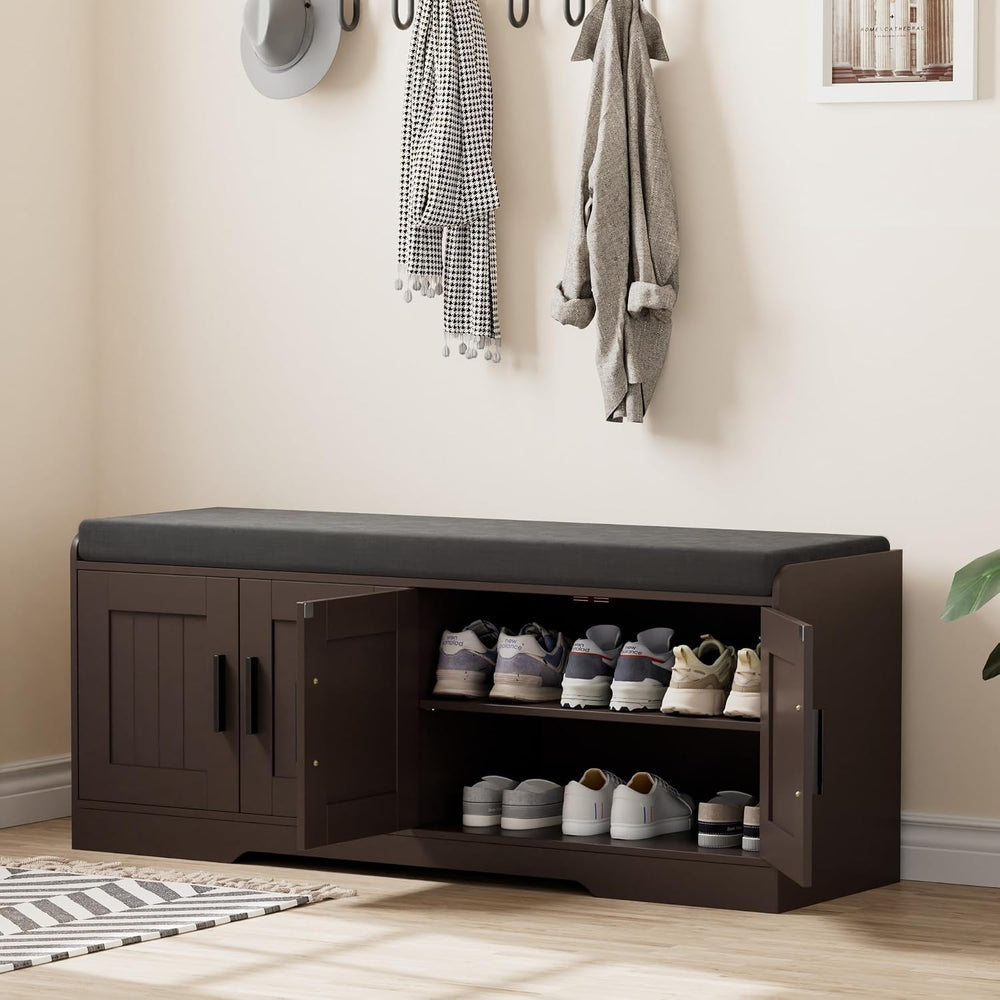 Homleke Shoe Storage Bench, 4 Doors & Thickened Padded Seat Cushion
