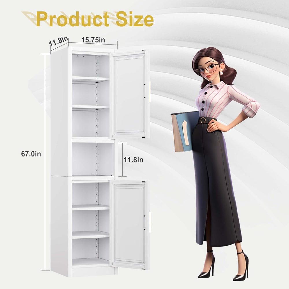67" Tall Narrow Bathroom Storage Cabinet, Metal Pantry Cabinet, White