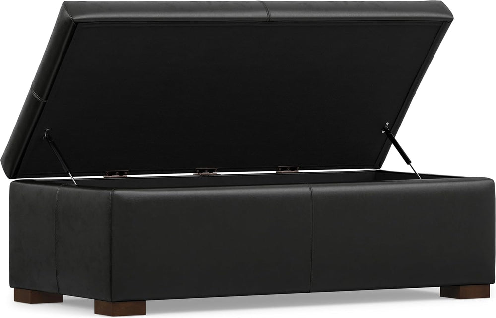 SIMPLIHOME Gabbie 48" Wide Vegan Leather Storage Ottoman in Midnight Black