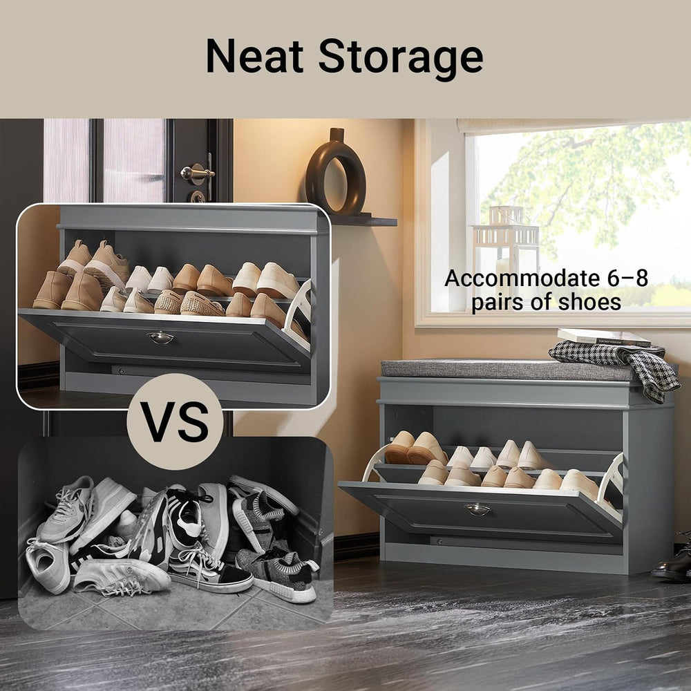 Haotian Shoe Storage Bench with Cushion, Grey Narrow Shoe Rack for Entryway, ...
