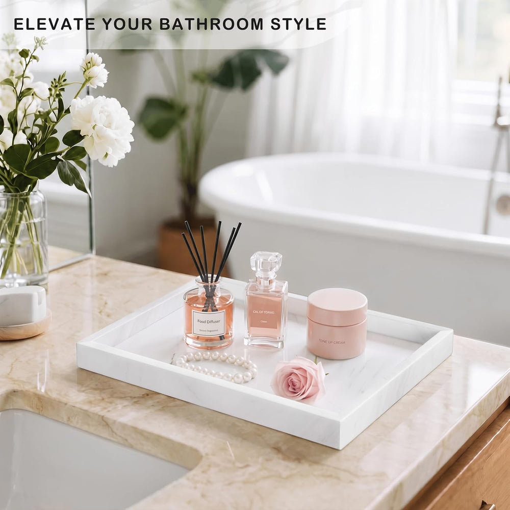 Bathroom Tray for Countertop, Marble Perfume Tray for Dresser Organizer, Marb...