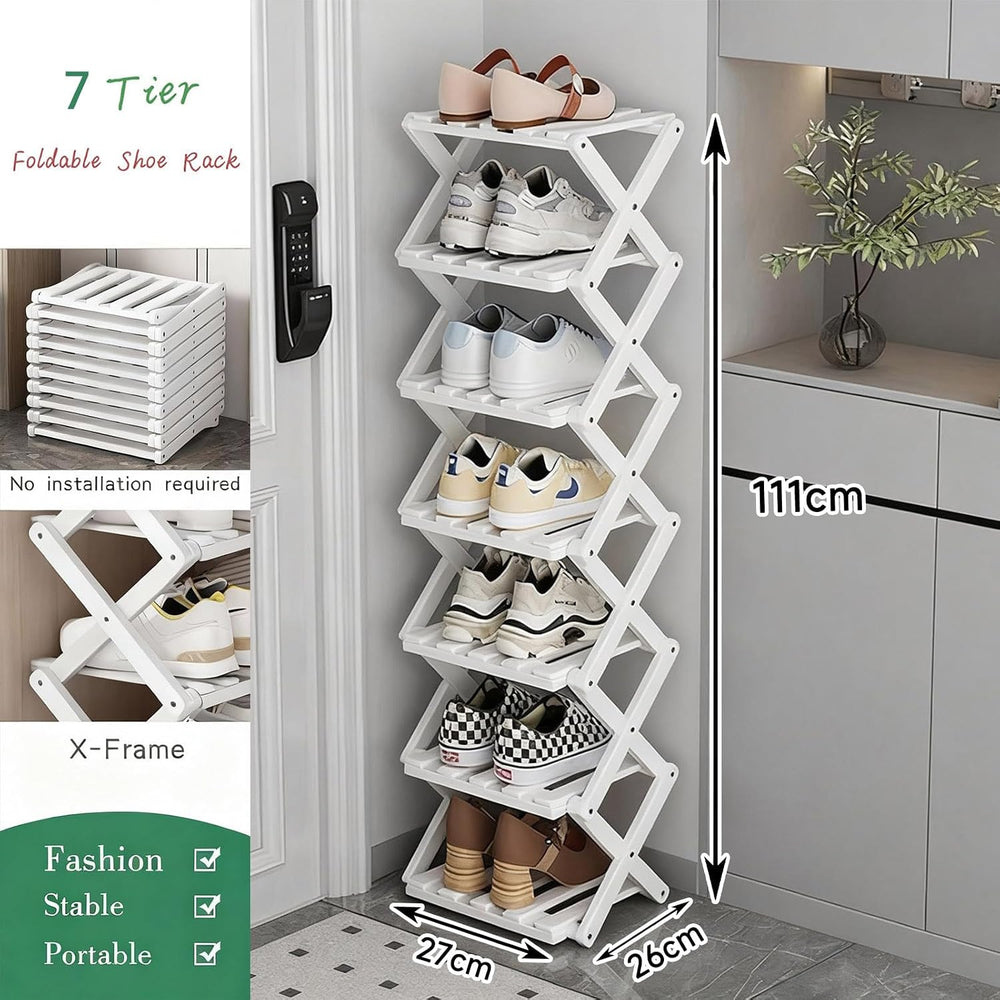Vertical Narrow Shoe Rack White, 7 Tier Portable Folding Shoe Storage Rack, W...