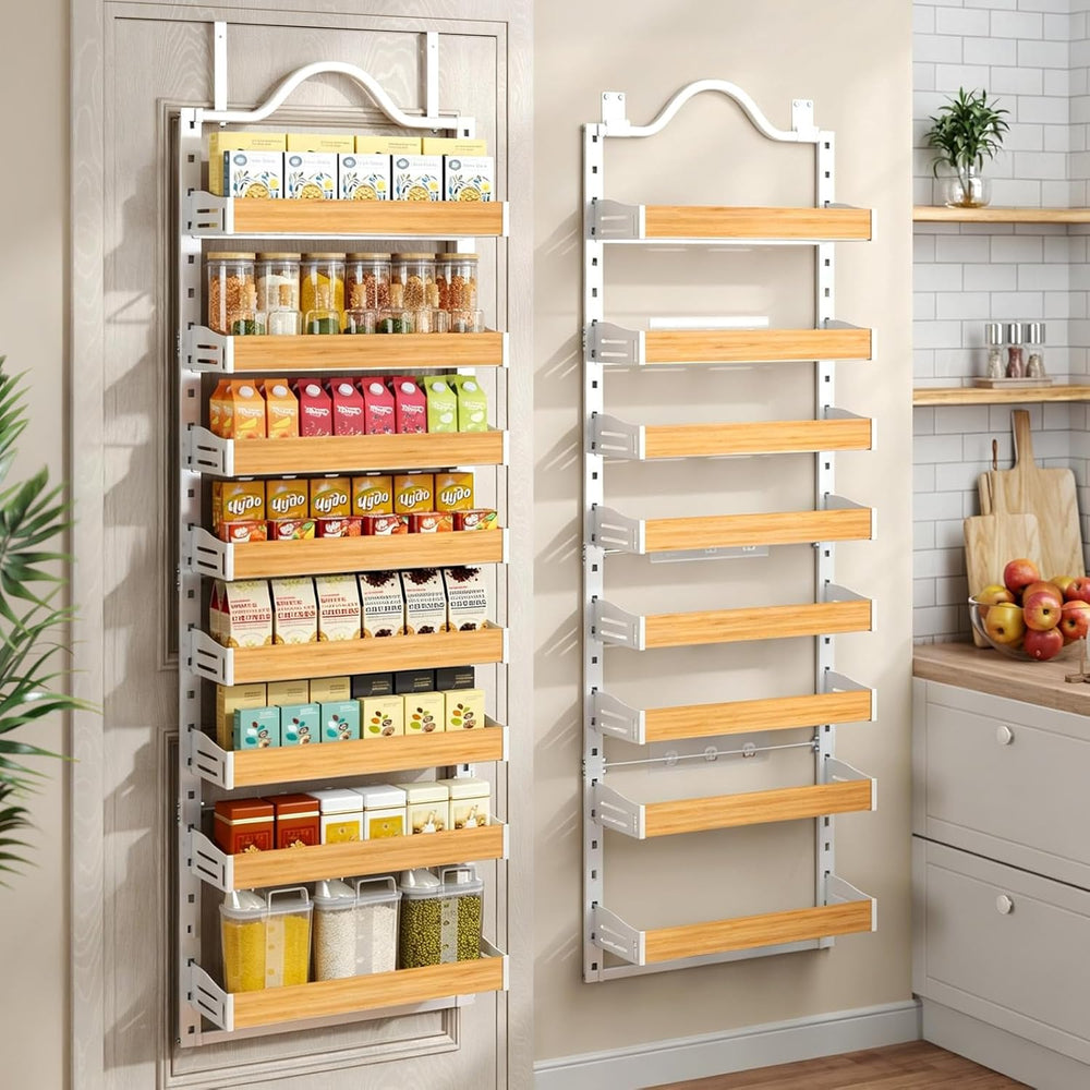 8-Tier Pantry Door Organizer, Over the Door Pantry Organizer with Wooden Adju...