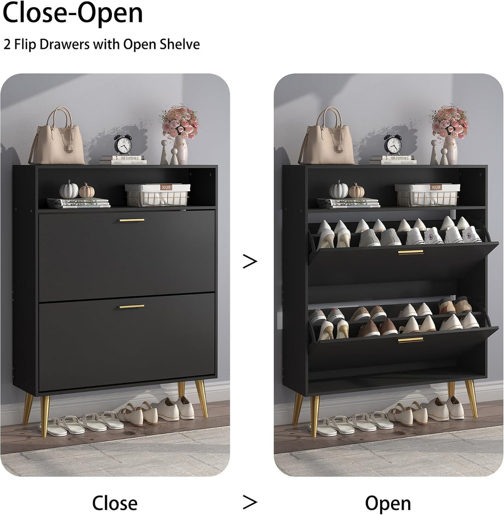 JOZZBY Shoe Storage Cabinet with 2 Flip Drawers and Open Shelves, Black丨Hidde...