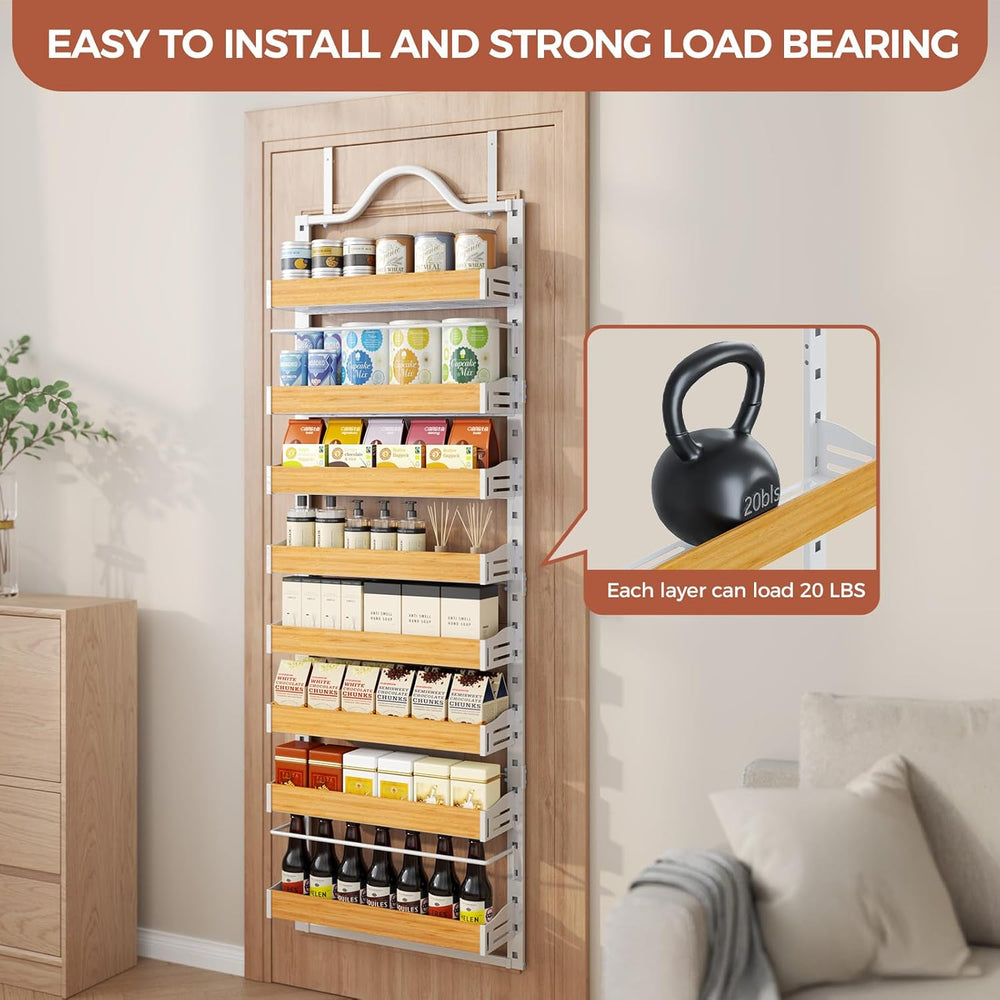 8-Tier Pantry Door Organizer, Over the Door Pantry Organizer with Wooden Adju...