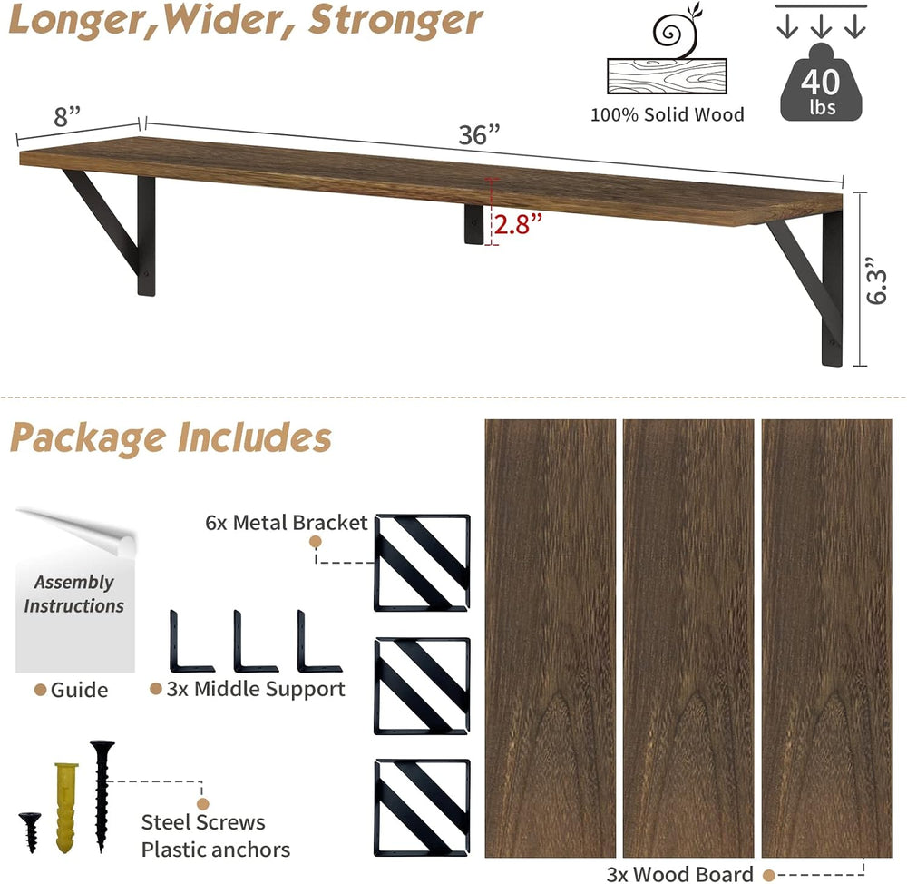 Forbena Floating Book Shelves for Wall Set of 3, 36 Inches Long Wall Bookshel...