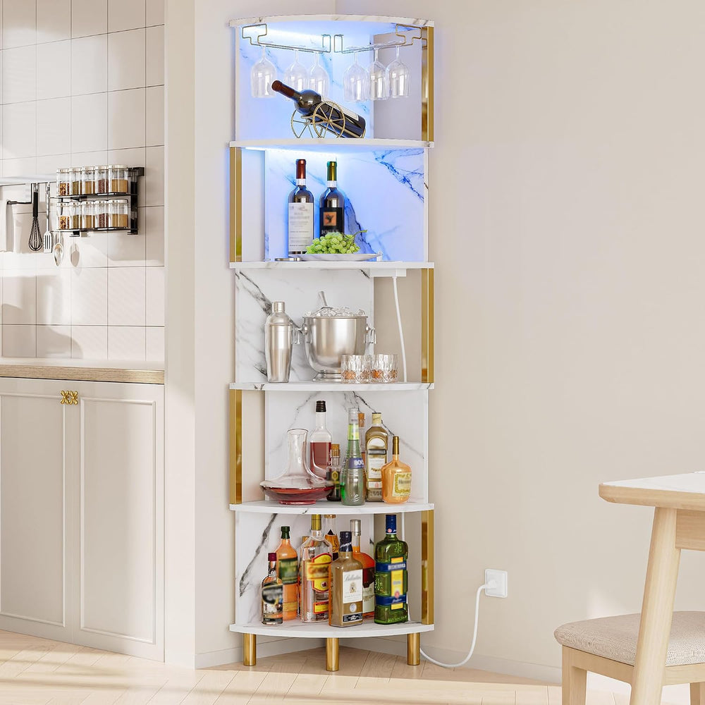 IRONCK Corner Bar Cabinet with LED Lights & Power Outlets, 5-Tier Corner ...