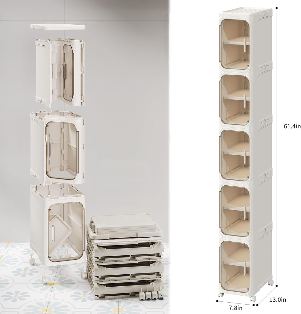 5-Tier Narrow Storage Cabinet Slim Bathroom Tall Skinny Organizer,Beige