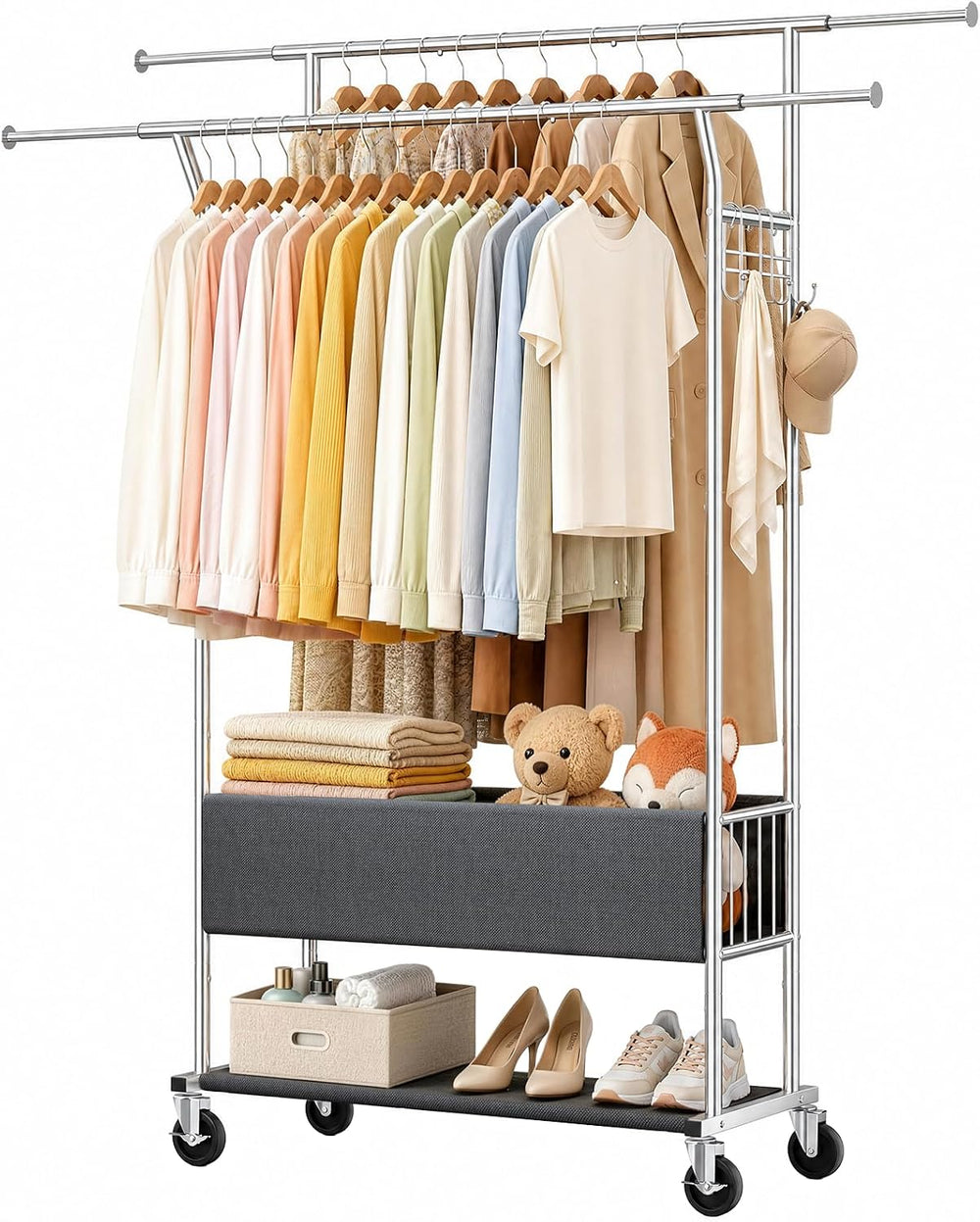 Heavy Duty Rolling Clothing Rack, Double Rod Clothing Storage Organizer