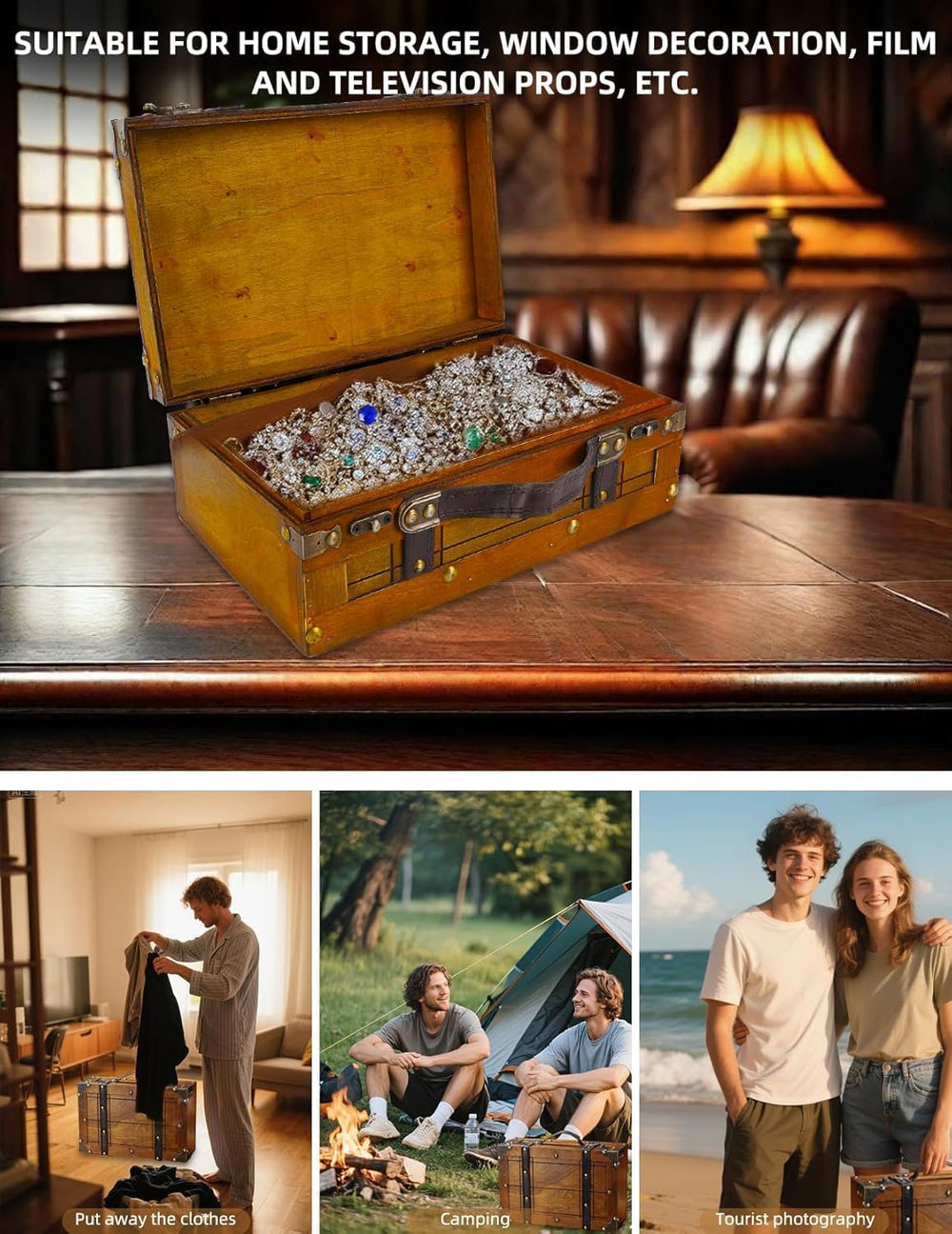 Wooden Storage Box Distressed Treasure Chest Box with Finger Lift Latches Sta...